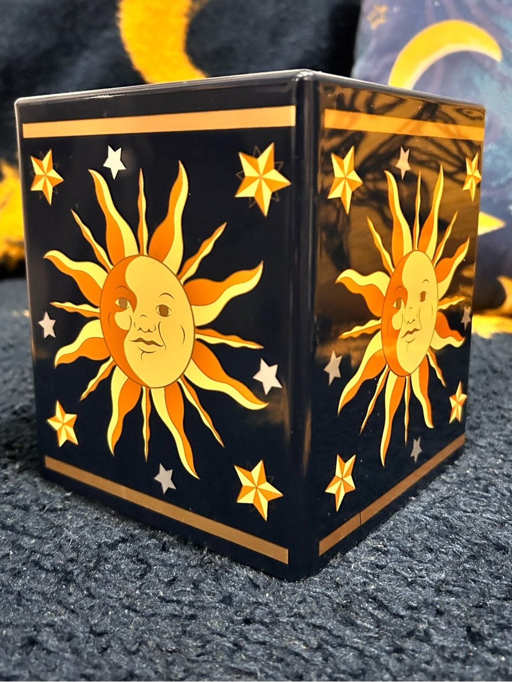Vintage 90s Celestial Tissue Box Cover Sun Stars Navy Gold Whimsigoth Bathroom